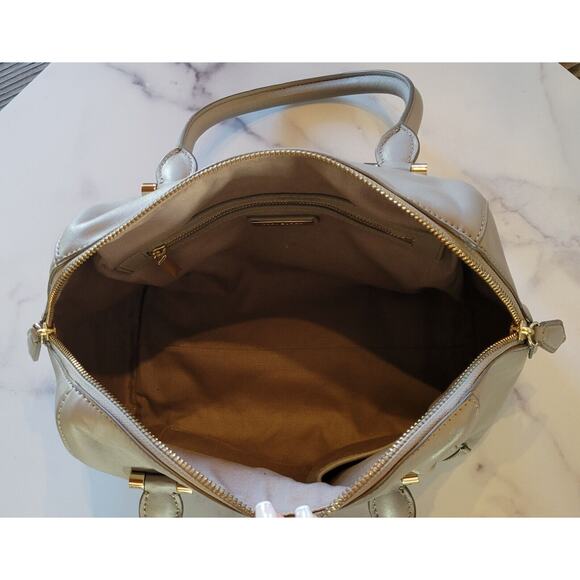 Tory Burch Handbag Light Gray Leather Gold Hardware Logo Shoulder Satchel Purse - Picture 6 of 11